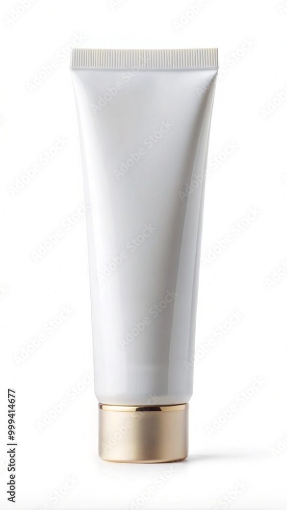 Minimalist White Cosmetic Tube with Gold Cap on White Background Minimalist White Cosmetic Tube with Gold Cap on White Background