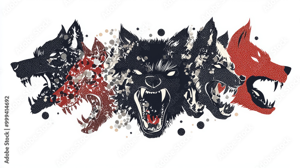 Composition of ragged pieces in various sizes and color tints, based on a werewolf icon. Vector collage made from unequal pieces, featuring werewolf icons arranged with a dotted pattern. Composition of ragged pieces in various sizes and color tints, based on a werewolf icon. Vector collage made from unequal pieces, featuring werewolf icons arranged with a dotted pattern.