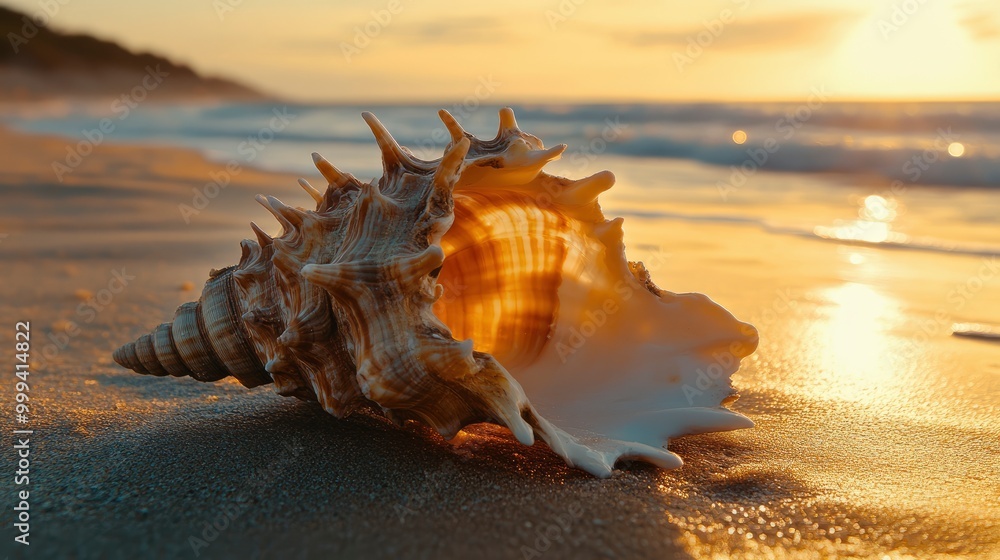 A seashell sits on a beach with the sun setting in the background, the sand shimmering with golden light. A seashell sits on a beach with the sun setting in the background, the sand shimmering with golden light.