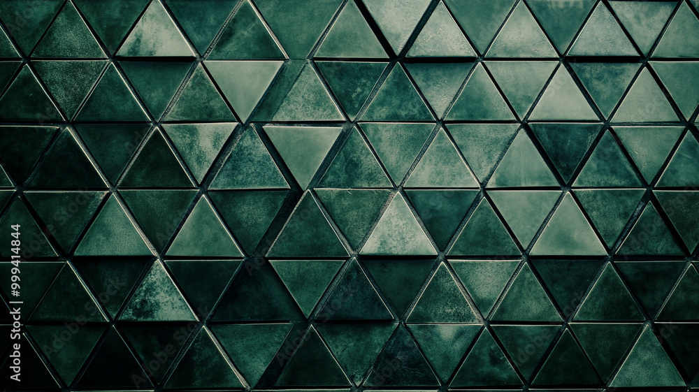 Textured green wall with triangular tiles creating a modern geometric pattern Textured green wall with triangular tiles creating a modern geometric pattern