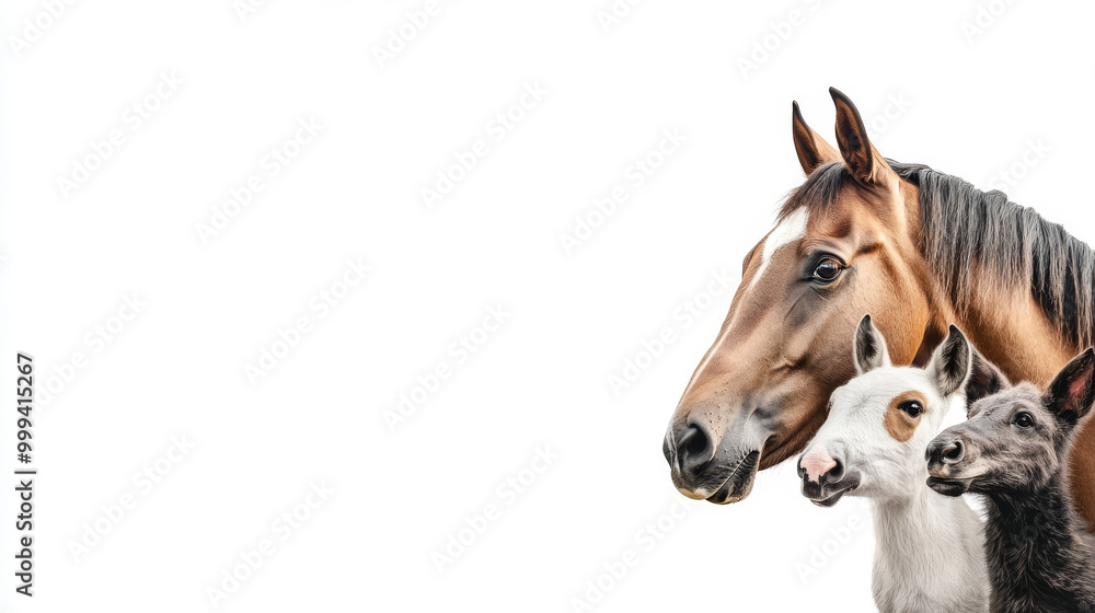 Fototapeta premium Banner design featuring a collage of a horse and other pets on a white background