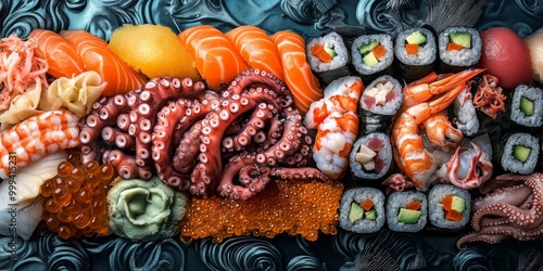 A detailed rendering of a sushi plate featuring various seafood, including octopus, shrimp, and fish, arranged artfully for visual appeal photo