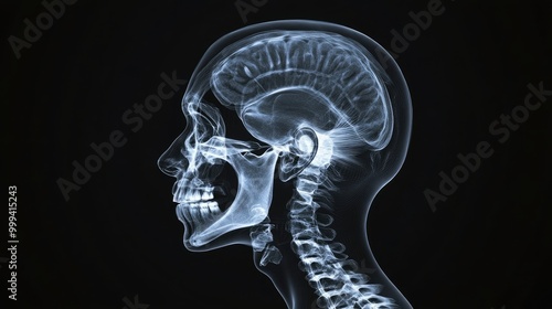 X-ray head scan, showing cranium and facial bones, 3D illustration 
