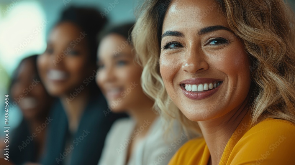 Fototapeta premium A close-up portrait of a smiling woman in a yellow sweater, with two other women smiling in the background.