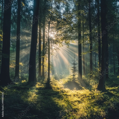 Mindfulness quote over a peaceful forest scene with light filtering through the trees, creating a calm and reflective Facebook post. photo