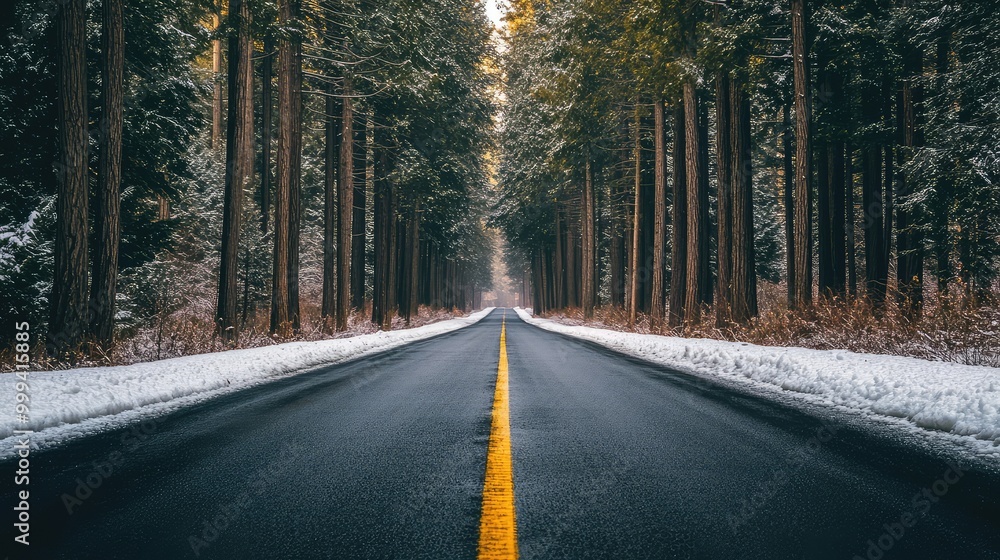Naklejka premium A long, empty road stretching through a dense winter forest, flanked by tall trees whose branches are weighed down by snow, creating a serene and isolated scene