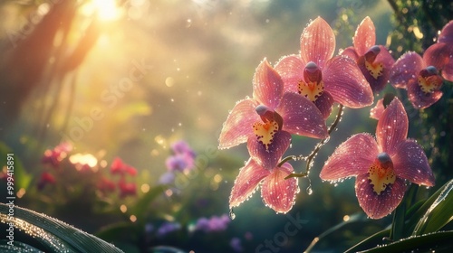 A misty morning scene with orchids blooming in a garden, the dewdrops sparkling on the petals as the sun rises.
