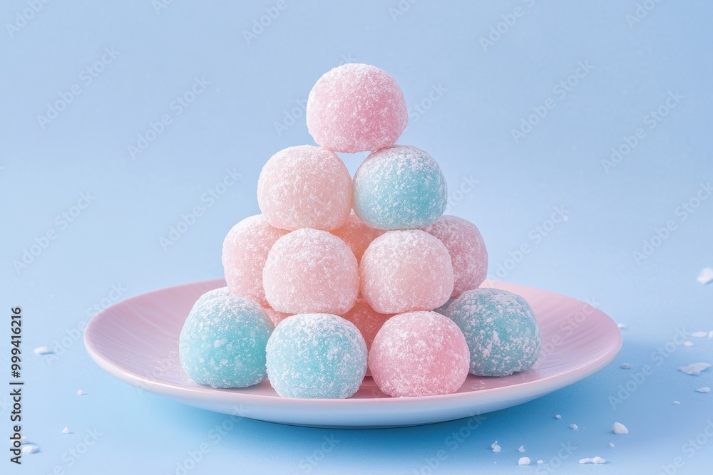 Sweet, pastel-colored sugar balls arranged in a pyramid on a pink plate, set against a light blue background. Sweet, pastel-colored sugar balls arranged in a pyramid on a pink plate, set against a light blue background.