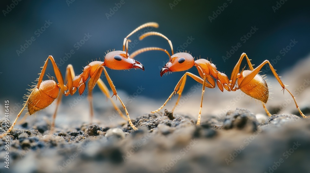 Fototapeta premium A pair of ants communicating with each other using their antennae, sharing information in the colony.