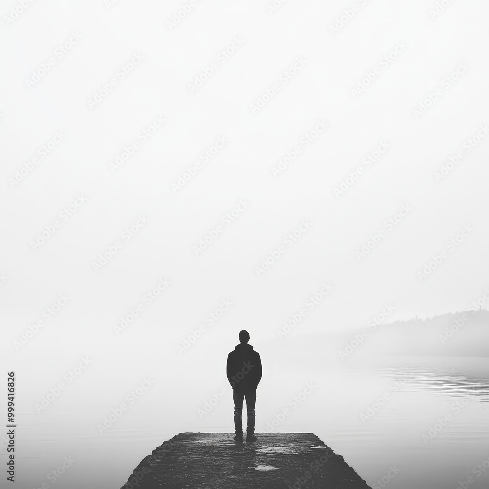 A man stands on a dock overlooking a body of water