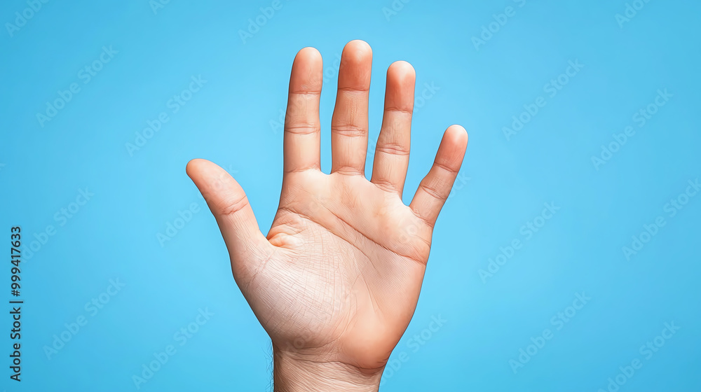 A close-up of an open hand against a blue background, symbolizing greeting, communication, or support in a modern and minimalistic style. A close-up of an open hand against a blue background, symbolizing greeting, communication, or support in a modern and minimalistic style.