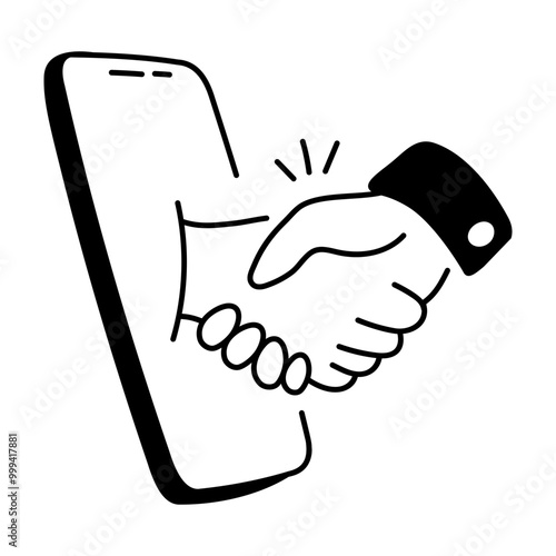 A doodle style icon of online deal handshake 

