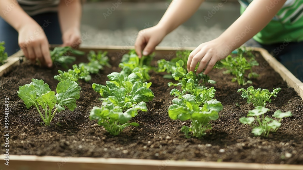 Family growing vegetables in a small garden to combat a food shortage self-sufficiency, urban gardening Family growing vegetables in a small garden to combat a food shortage self-sufficiency, urban gardening