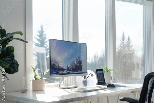 Wallpaper Mural Minimalist Home Office with Winter Scenery on Monitor and Tablet, Natural Light and Indoor Plant Torontodigital.ca