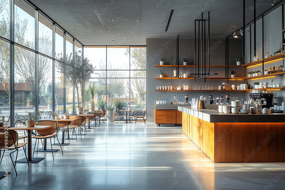 Clean modern cafe with minimalist design focus Clean modern cafe with minimalist design focus