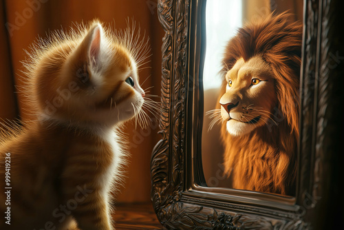 A kitten looks at a mirror, seeing a male lion reflected inside. The concept of self-perception, potential, and inner strength. Generative AI.