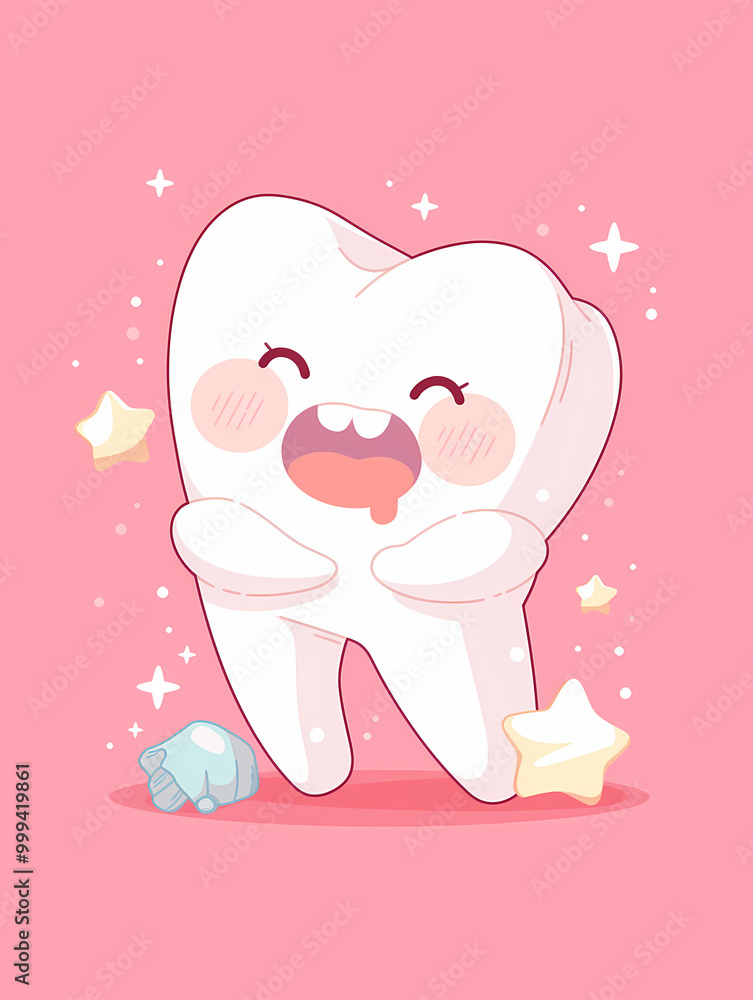 A happy cartoon tooth with rosy cheeks and a big smile. It's surrounded by sparkly stars on a pink background. A happy cartoon tooth with rosy cheeks and a big smile. It's surrounded by sparkly stars on a pink background.