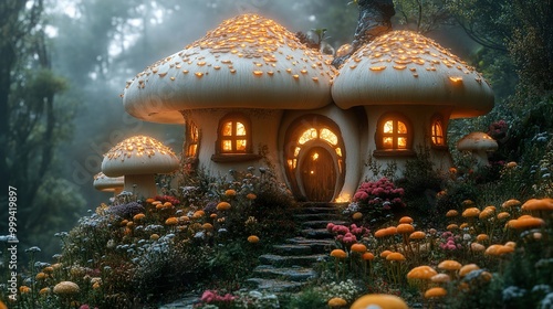 Enchanted Mushroom House in a Dreamy Forest photo