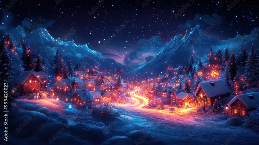 A serene winter village illuminated by glowing lights under a starry sky. A serene winter village illuminated by glowing lights under a starry sky.