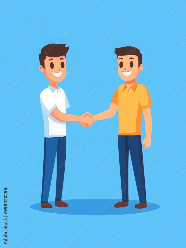 Smiling young manager in a handshake with new hire flat design top view recruitment theme animation vivid Smiling young manager in a handshake with new hire flat design top view recruitment theme animation vivid