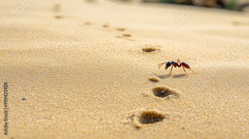 A solitary ant exploring a sandy beach, its footprints barely visible in the soft sand. photo