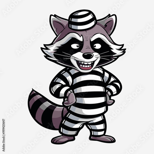 Raccoon wearing a prisoner costume, Generative Ai