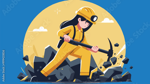 illustration of a mining worker breaking rocks, in a yellow costume, flat design style 