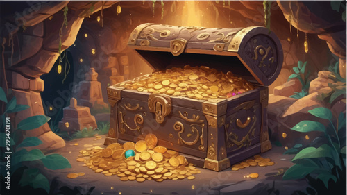 Whimsical Cartoon Treasure Chest Overflowing with Gold Coins & Jewels