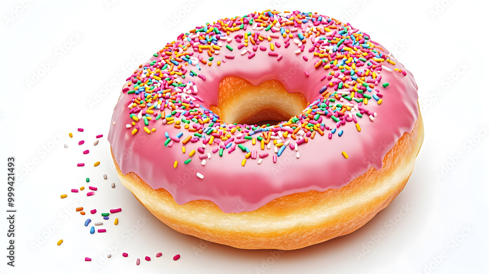 A single whole doughnut with pink glaze and rainbow sprinkles isolated on white background, High Quality, ultra photo ultra realistic A single whole doughnut with pink glaze and rainbow sprinkles isolated on white background, High Quality, ultra photo ultra realistic