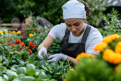 A healer in a garden of medicinal plants, carefully picking herbs and preparing remedies, surrounded by vibrant flowers and greenery photo