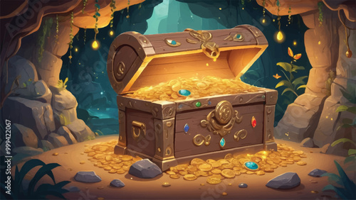 Whimsical Cartoon Treasure Chest Overflowing with Gold Coins & Jewels