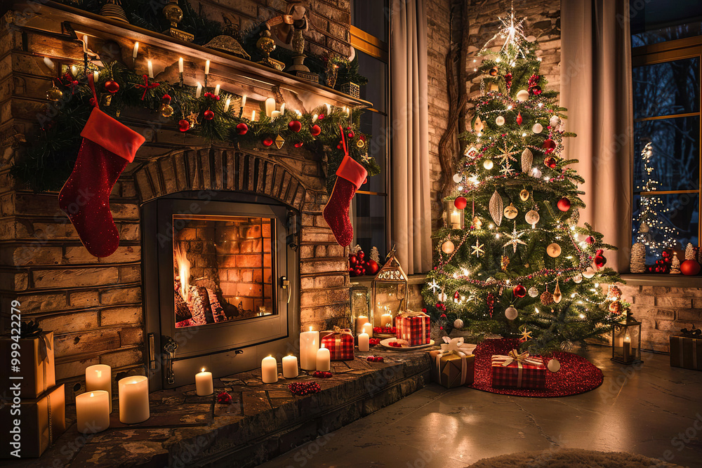 Fototapeta premium Christmas greeting card with bright winter holiday composition and New Year background