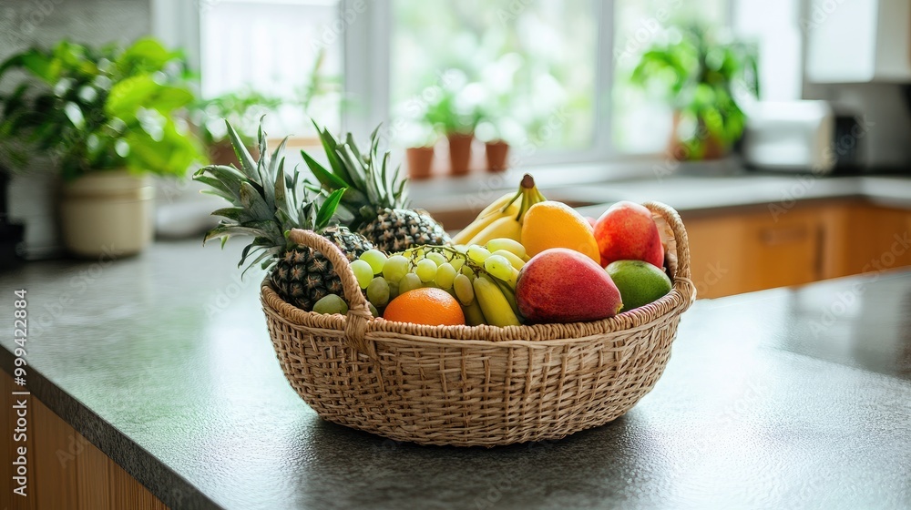 A woven basket filled with fresh fruits, sitting on a kitchen counter, ready for a healthy breakfast. A woven basket filled with fresh fruits, sitting on a kitchen counter, ready for a healthy breakfast.