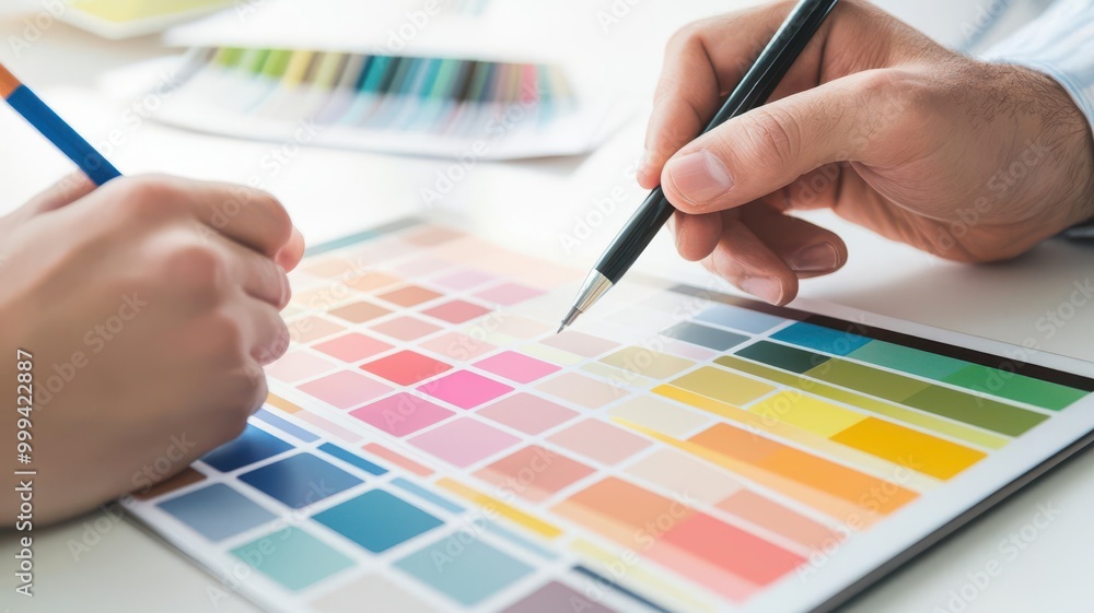 Comparing Hand Color Team members comparing color palettes on a digital tablet, aligning the ...