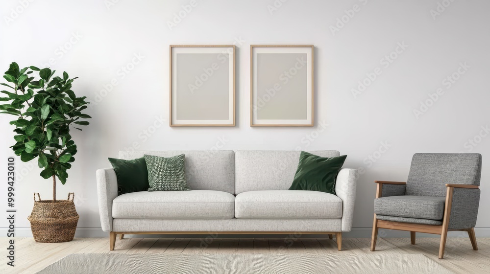 minimalist Scandinavian living room featuring white sofa adorned with green cushions, complemented by stylish armchair and potted plant, creates serene atmosphere. minimalist Scandinavian living room featuring white sofa adorned with green cushions, complemented by stylish armchair and potted plant, creates serene atmosphere.