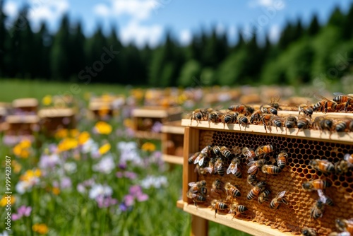 Beehives in a field surrounded by wildflowers, with bees buzzing around, emphasizing the importance of pollinators in sustainable agriculture