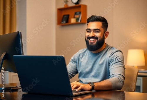 Smiling Man Working on Laptop