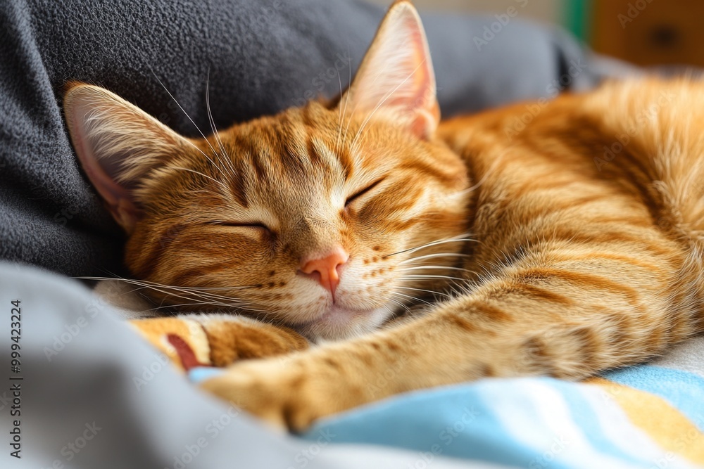 Close-up of a cat sleeping on a bed, with every whisker, fur strand, and the softness of the blankets captured in hyper-realistic detail Close-up of a cat sleeping on a bed, with every whisker, fur strand, and the softness of the blankets captured in hyper-realistic detail