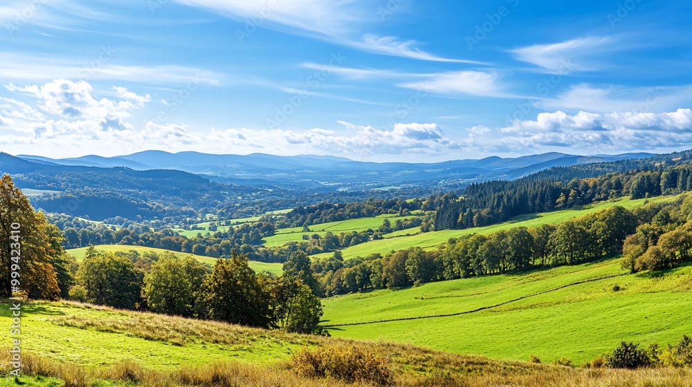 Fototapeta premium A panoramic view of rolling green hills and forested mountains under a bright blue sky with fluffy white clouds.