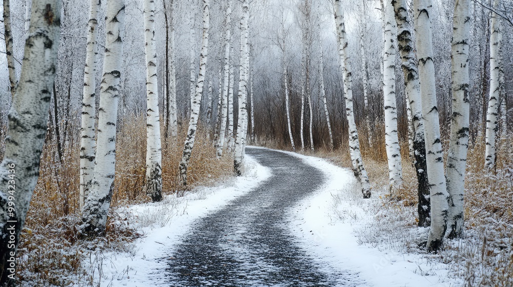 A narrow gravel path, covered in a thin layer of snow, winding through a birch forest, the white bark of the trees blending into the snowy surroundings A narrow gravel path, covered in a thin layer of snow, winding through a birch forest, the white bark of the trees blending into the snowy surroundings
