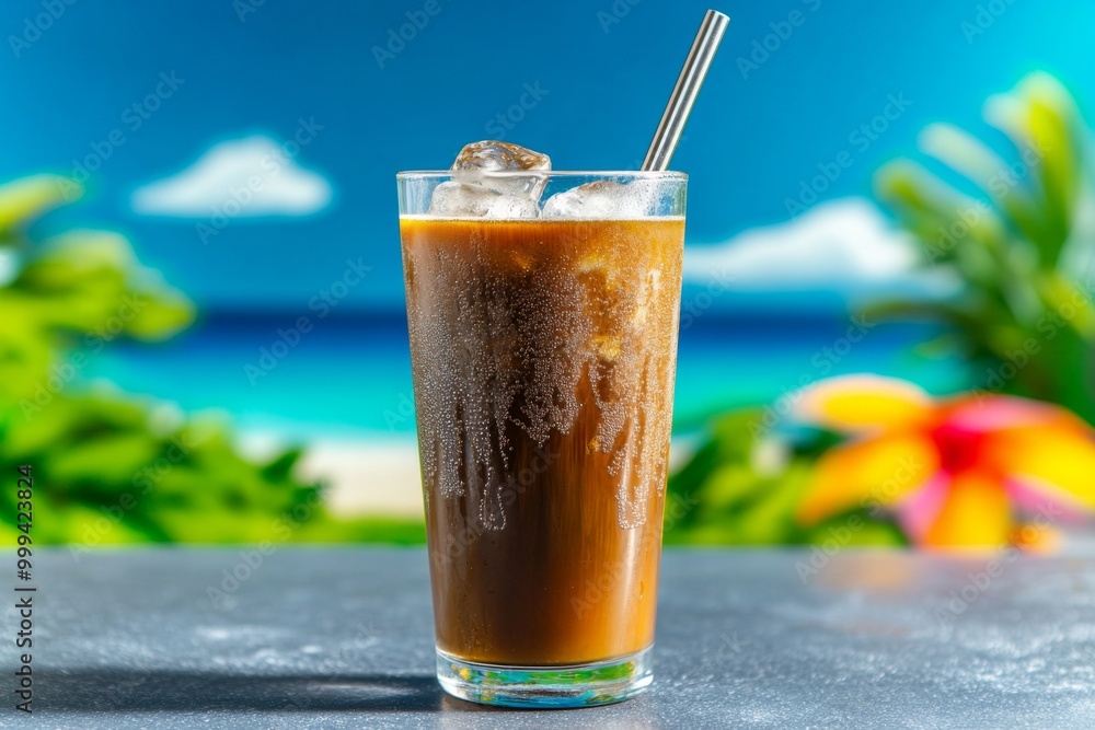 Cold brew coffee in a tall glass with ice, condensation on the outside, with a metal straw and a vibrant summer backdrop Cold brew coffee in a tall glass with ice, condensation on the outside, with a metal straw and a vibrant summer backdrop