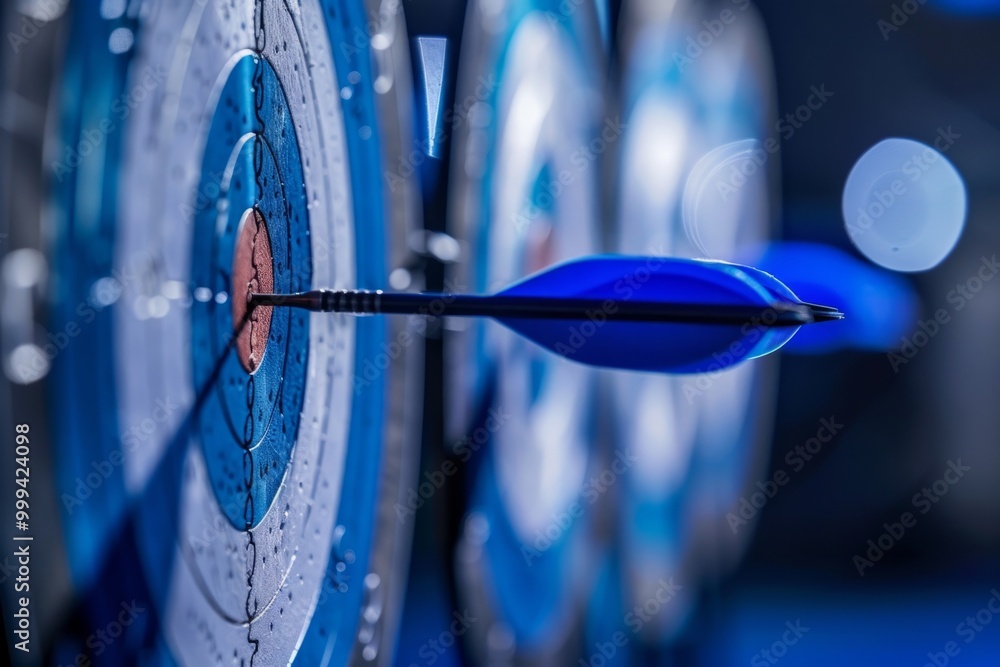 A close-up view of a dart piercing the bullseye on a target. The blue arrow stands out vividly against the precise circles. Perfect for sports themes. Generative AI A close-up view of a dart piercing the bullseye on a target. The blue arrow stands out vividly against the precise circles. Perfect for sports themes. Generative AI