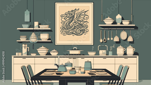 modern kitchen atmosphere with a table in the middle containing Chinese dishes, dragon painting at the top, in a pastel tosca color in a minimal line art illustration style on a dark grey background 