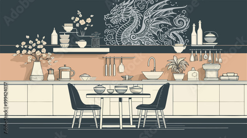 modern kitchen atmosphere with a table in the middle containing Chinese dishes, dragon painting at the top, in a pastel tosca color in a minimal line art illustration style on a dark grey background 