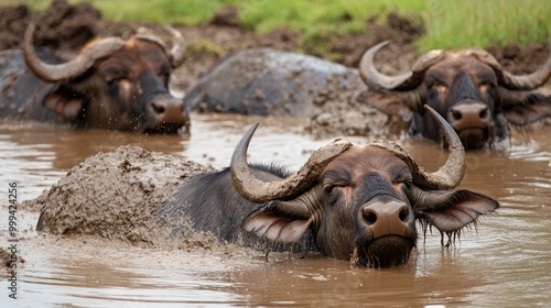 Buffalo cooling off in a muddy watering hole, their massive bodies submerged with only their heads visible.