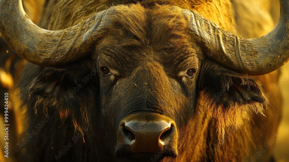 Naklejka premium Close-up of a face, focusing on its curved horns and shaggy coat.