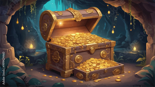Whimsical Cartoon Treasure Chest Overflowing with Gold Coins & Jewels