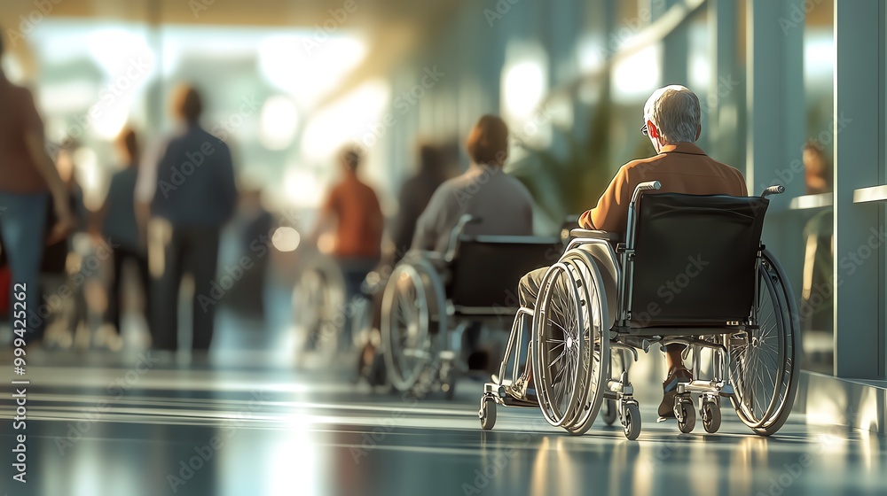 Elderly people in wheelchairs in a corridor Elderly people in wheelchairs in a corridor