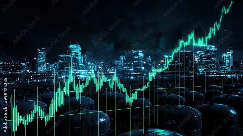 .Oil tanks with financial graphs over a futuristic city at night. .Oil tanks with financial graphs over a futuristic city at night.