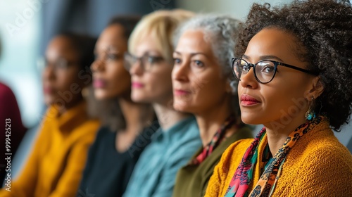 Diverse women in thoughtful discussion.